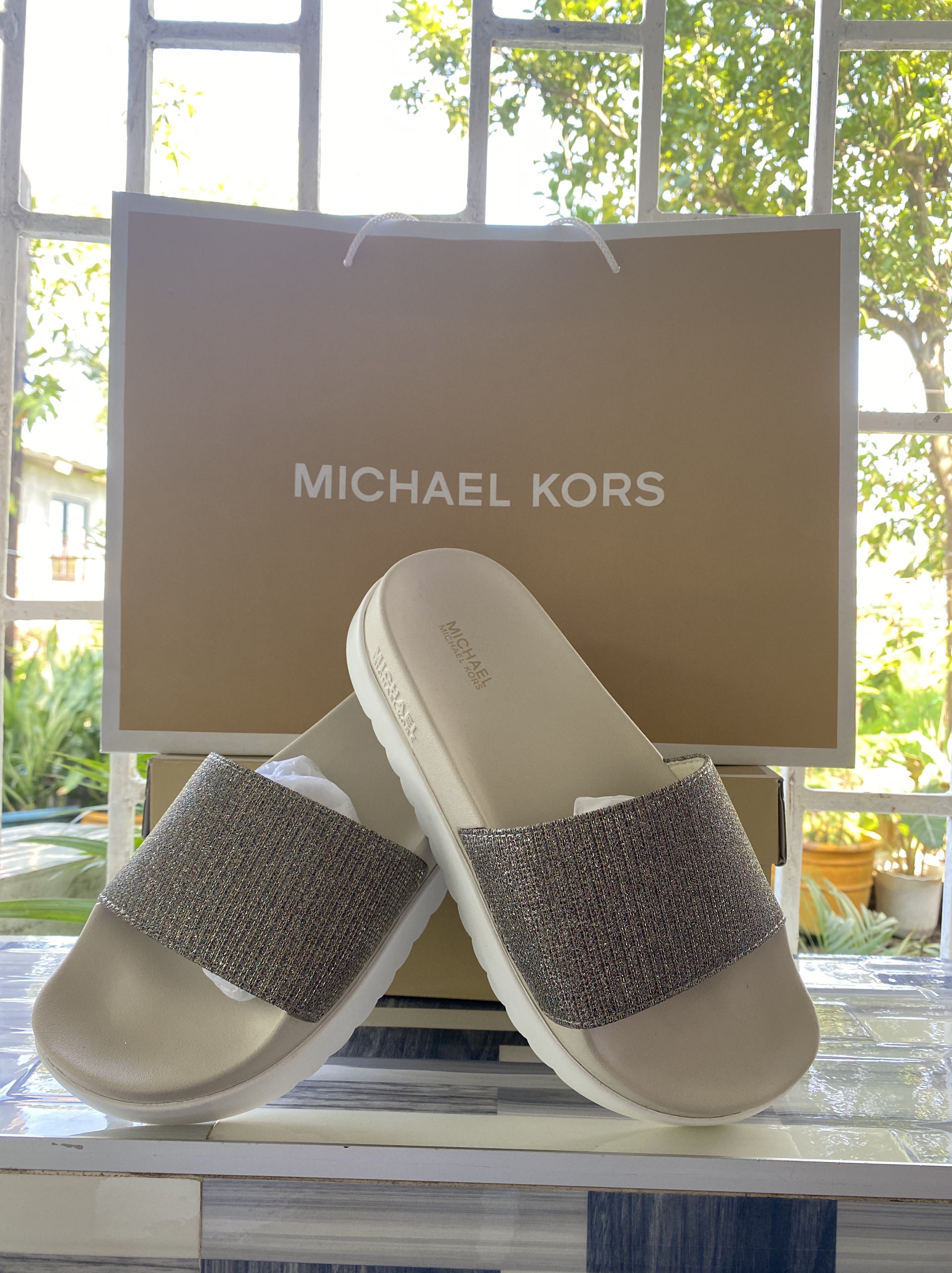 Michael Kors Trixie Slide Glitter Chain Mesh, Women's Fashion, Footwear ...