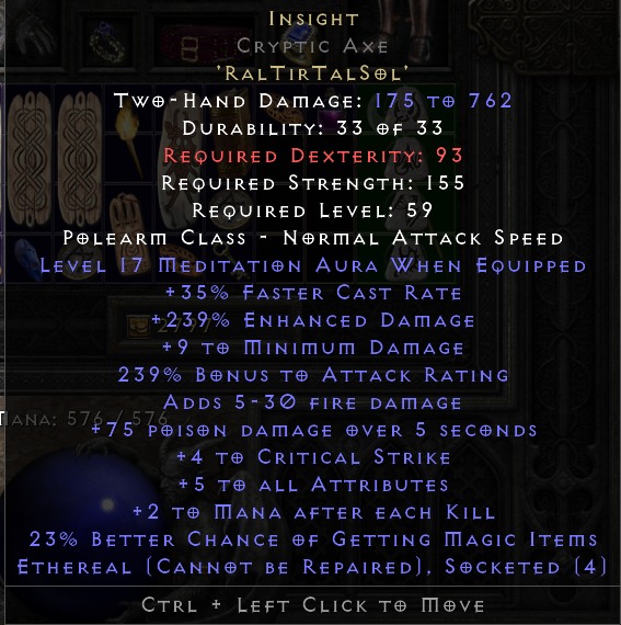 Perfect 17 Medi Insight Ethereal Cryptic Axe Diablo 2 Resurrected