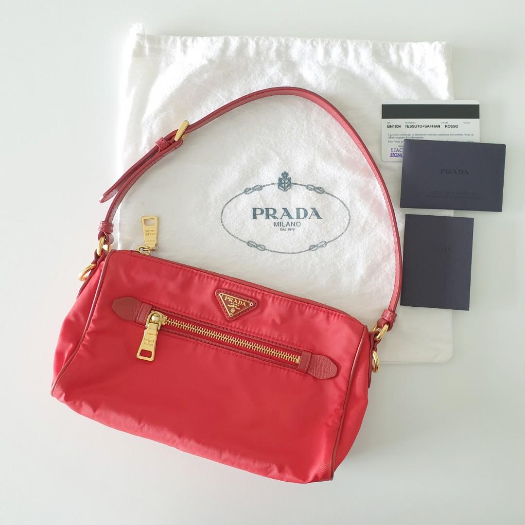PRADA Red Tessuto Saffiano Leather Nylon Shoulder Mini Small Hand Carry  Essentials Pouch Bag BN1834, Women's Fashion, Bags & Wallets, Shoulder Bags  on Carousell