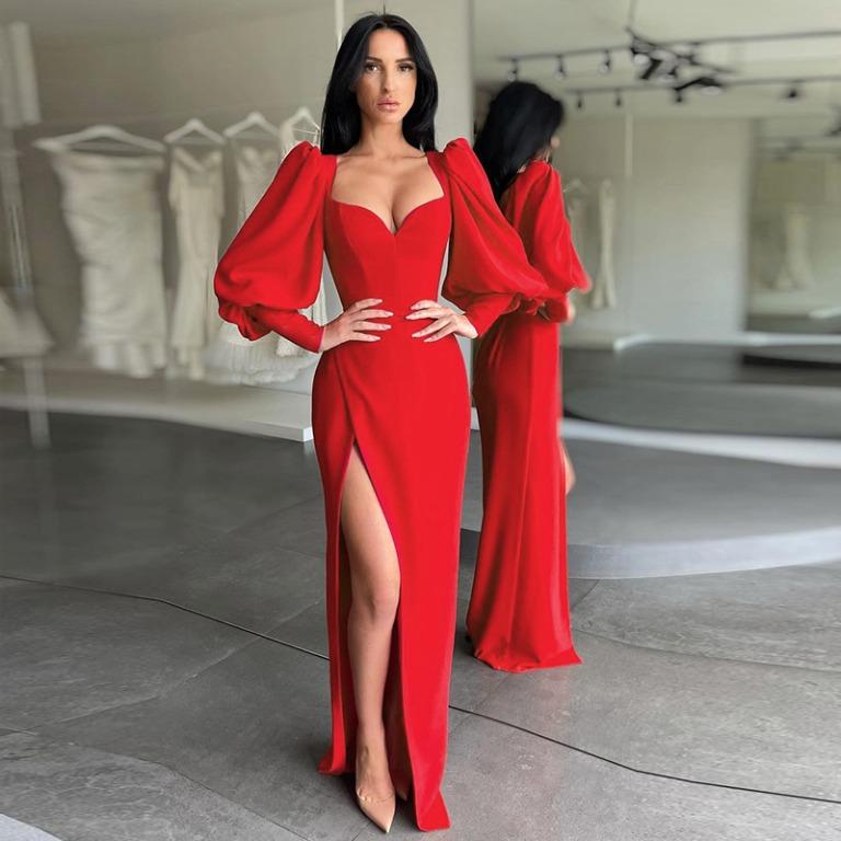 Red formal gown shop with sleeves