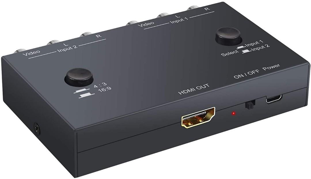 Dual RCA to HDMI Converter Support 4 : 3/16 : 9 Aspect Ratio Switch, 2 Port  AV to HDMI, Double RCA Composite to HDMI for Connecting Two RCA Devices to