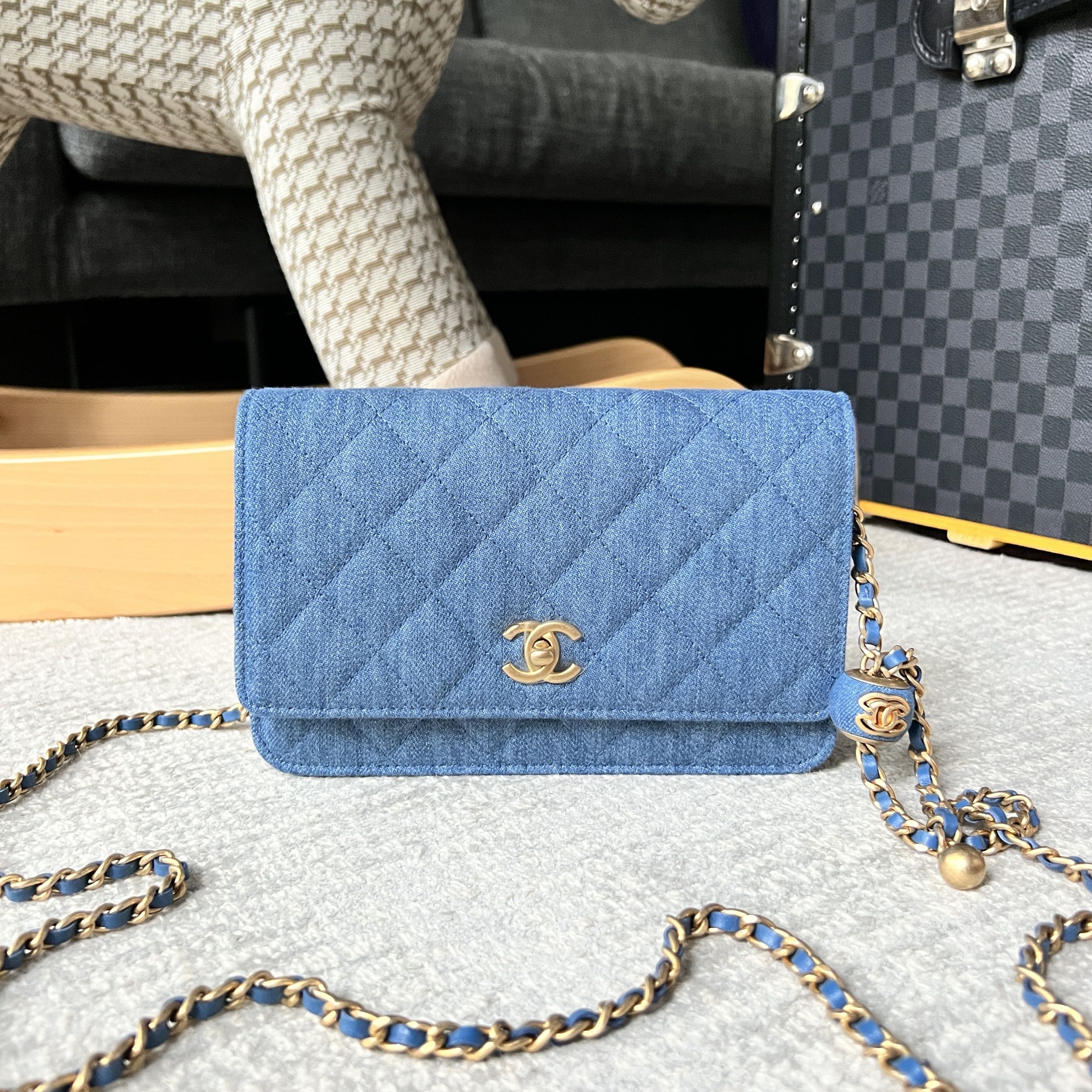Chanel Pearl Crush denim woc with gold hardware