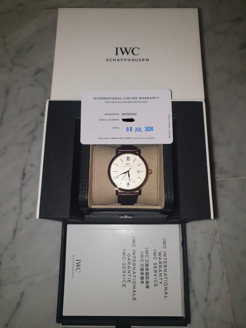 IWC Portifino Rose Gold Automatic IW356504 (Category: Watches) located in Singapore. Submitted by selfservice (Listing ID 1135053193, Image 3). Description: Sincere seller here. Selling an almost Brand New IWC Portifino Rose Gold watch. Lightly used in mint condition, no trace of damage or stains. You might mistake it as brand new! Box, cert, warranty (till 2028 July) all as shown in the pictures. Negotiable. Retail at SGD18,400..