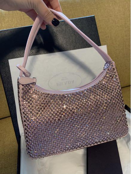 Bags aesthetic, prada crystal bag, pink shoulder bag, prada reedition, loro  piana babouche