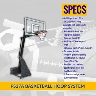 PROSPEC PS27A Basketball Hoop System with Counterweight Base and Tempered Glass Board with Padding Goal Height from 7.5ft to 10ft