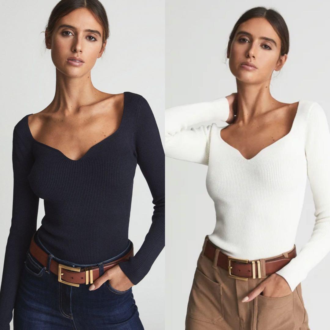 REISS Emira ribbed sweetheart jumper top authentic in navy and