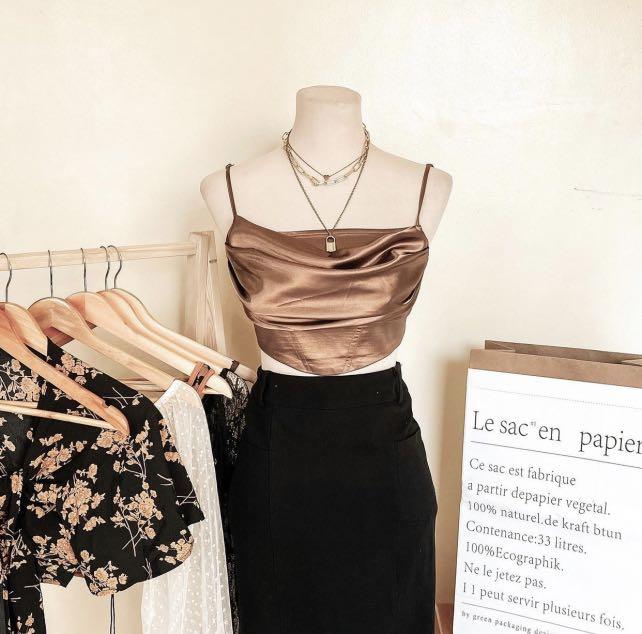 shirred satin cami top (Category: Sleeveless) located in Tiaong. Submitted by pixieapparelph (Listing ID 1135049393, Image 1). Description: •condition: brand new •size: fits m (semi-stretchy) .
