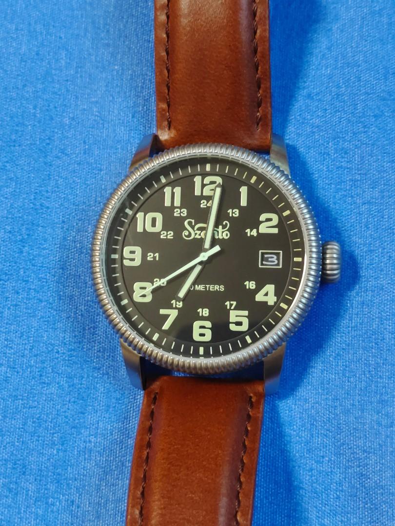 Szanto Military Field Black Stainless Steel Leather Band 1100 Series 100M Watch