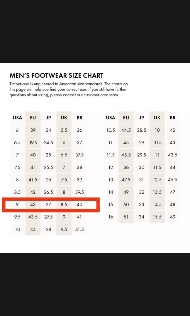 Timberland men's shoe size top chart