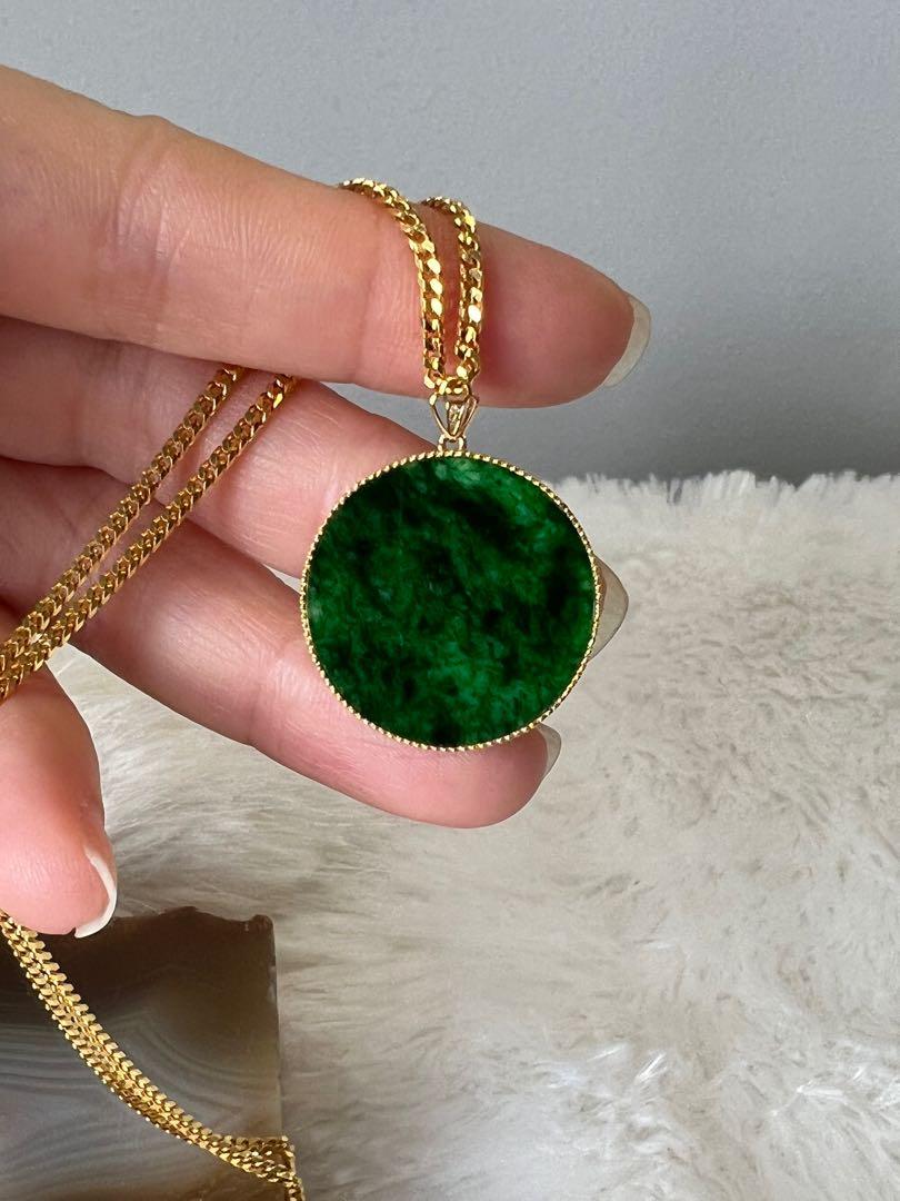 18K Gold Jadeite Jade Pendant Type A Burmese Jade Round Wu