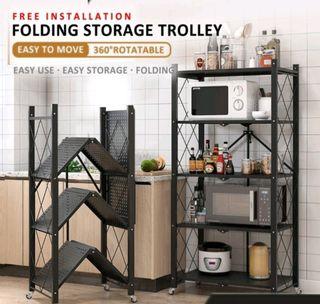 5 Layer Foldable Steel Metal Rack Movable Storage Rack Trolley Kitchen Shelf Rack