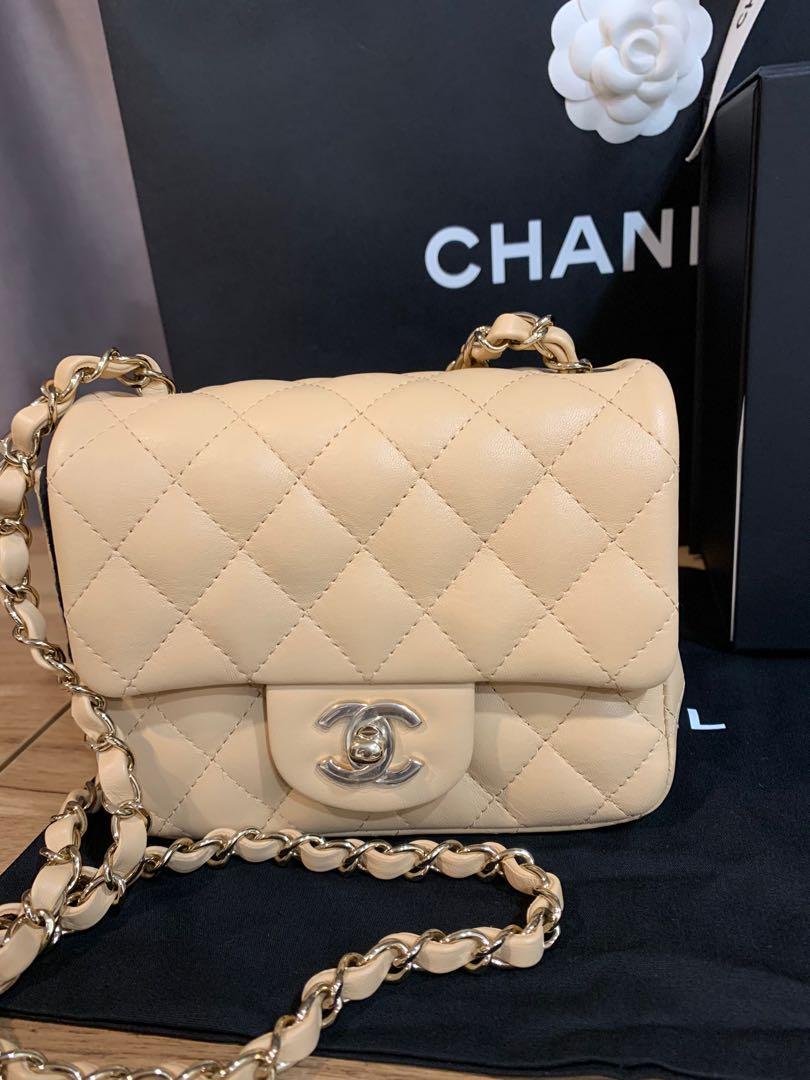 Authentic Chanel mini flap Beige lamb skin gold tone metal, Luxury