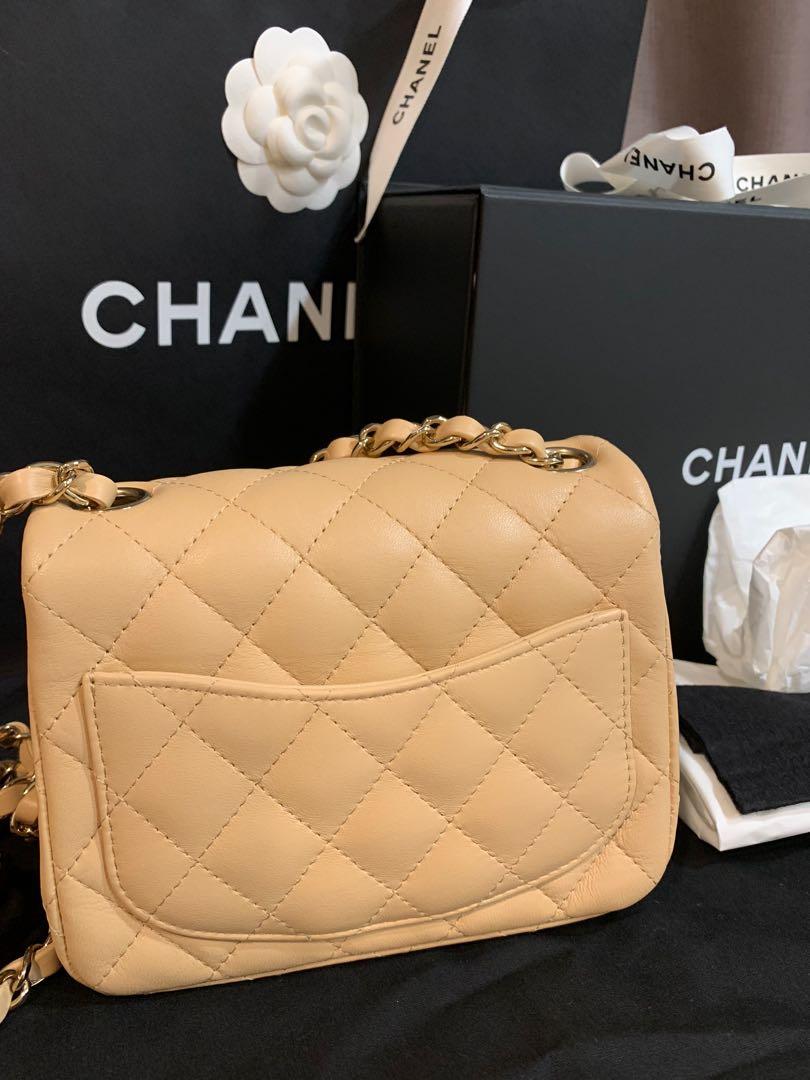 Authentic Chanel mini flap Beige lamb skin gold tone metal, Luxury