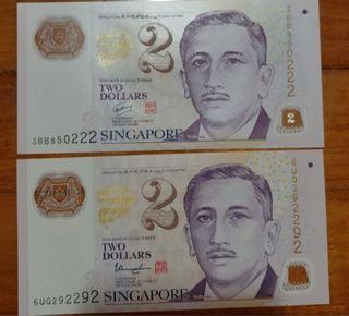 Brand New Notes $2 with nice no ending with # 222 (2 pieces) &  # 292292