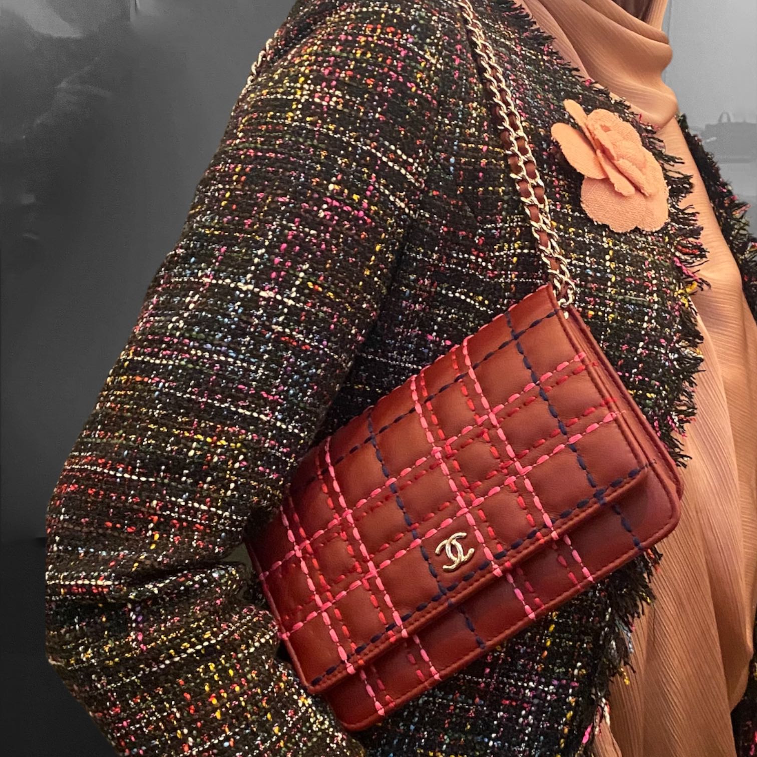 Chanel WOC limited Edition In burgundy with multicoloured square stitch quilting