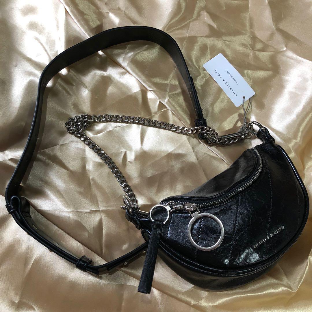 CHARLES AND KEITH WRINKLED HALF MOON BAG, Luxury, Bags & Wallets on