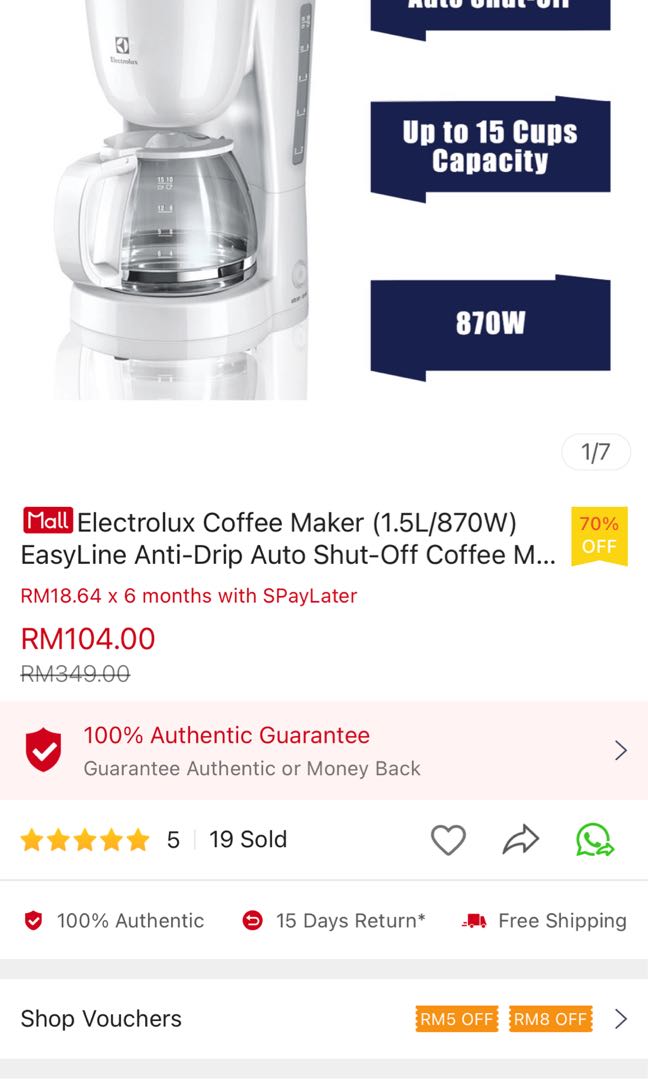 Electrolux Coffee Maker ECM1303W, TV & Home Appliances, Kitchen