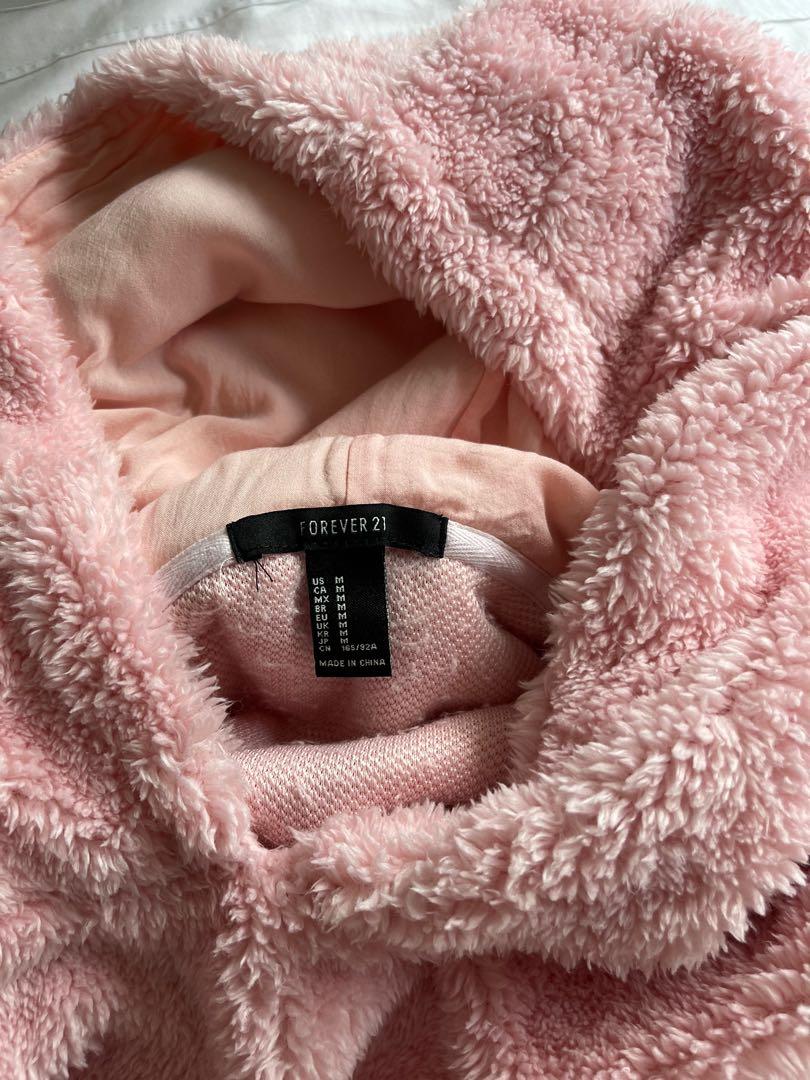 Forever 21 Size M Furry Fluffy Pink Cropped Hoodie Long Sleeves