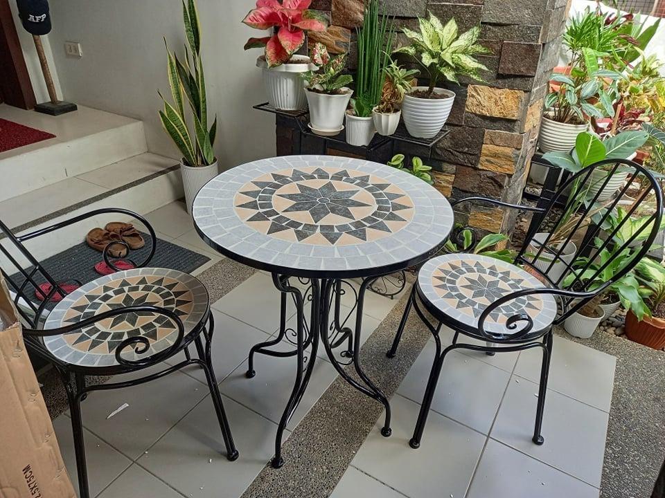 GARDEN CERAMIC TABLE SET WITH 2 ARMREST CHAIR, Furniture & Home Living