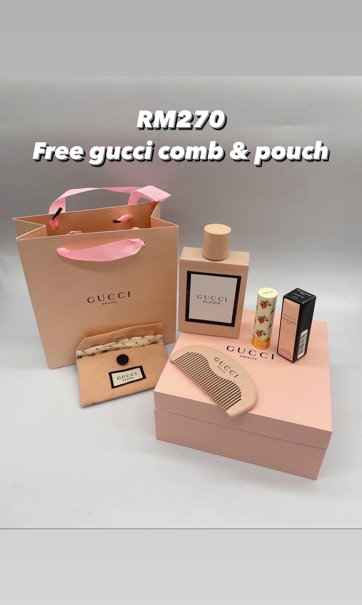 GUCCI BEAUTY PINK (BLOOM+LIPSTICK GOLDIE RED 25+COMB) WITH PAPER BAG ...