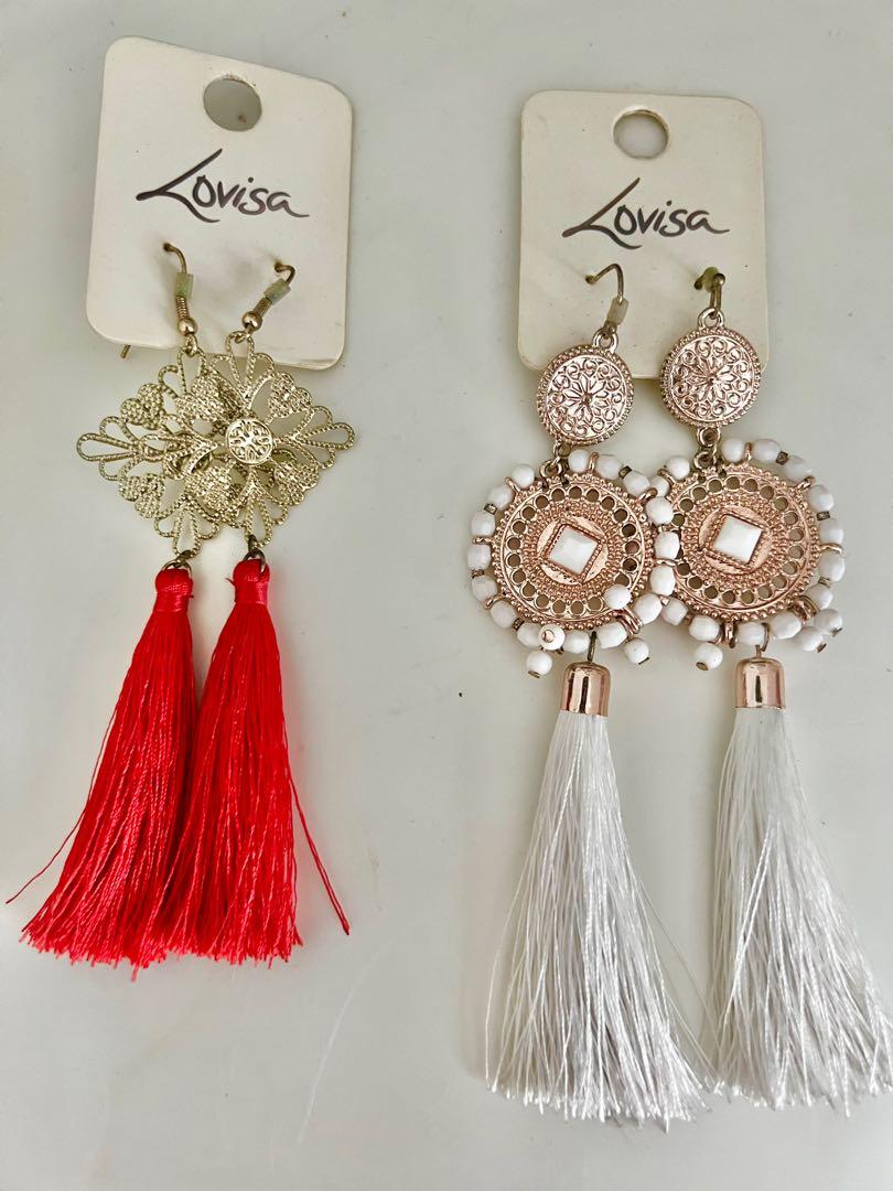 NeverLikedIt LOVISA White Red Gold Long Diamond Tassel Earrings
