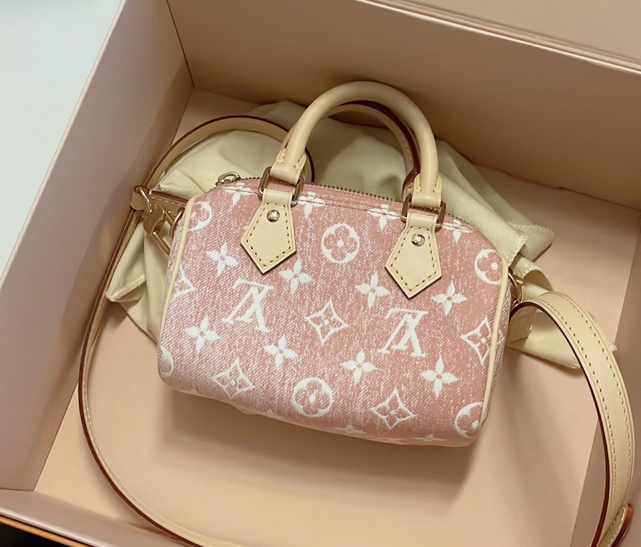 LV Pink denim nano speedy, Luxury, Bags & Wallets on Carousell