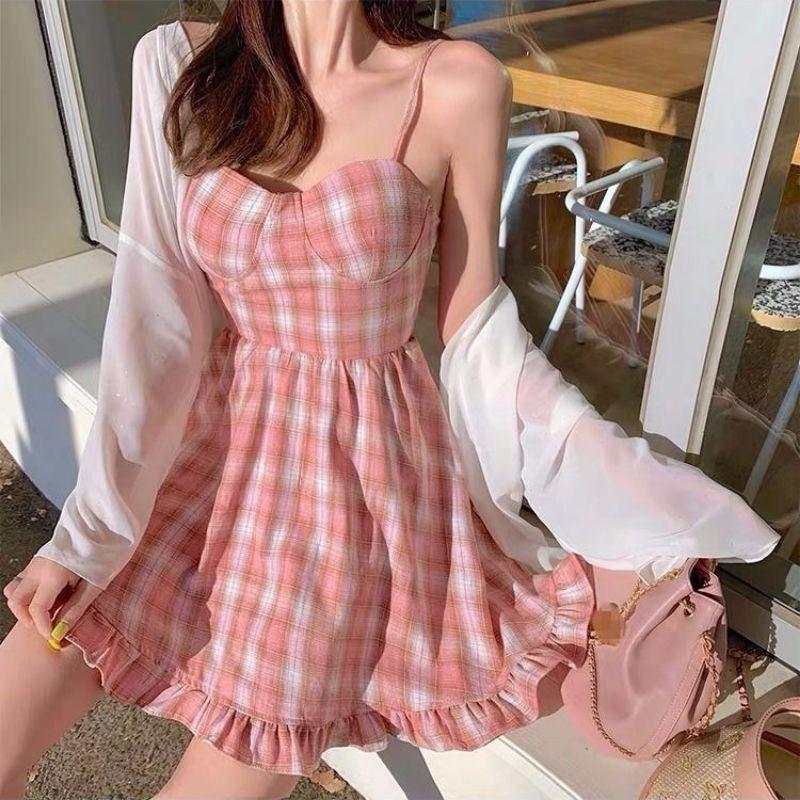 READY STOCK pink plaid strap dress korean style Women s Fashion