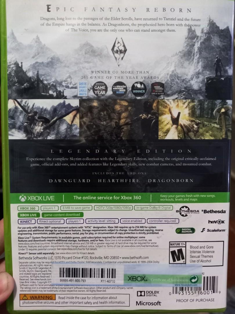 The Elder Scrolls V: Skyrim (Legendary Edition) (Category: Xbox) located in Pasig City. Submitted by vamtang98 (Listing ID 1140794433, Image 2). Description: Skyrim for XBox 360, gifted in 2016 Opened but never played Compatible only with North American units RFS: Incompatible with my system.