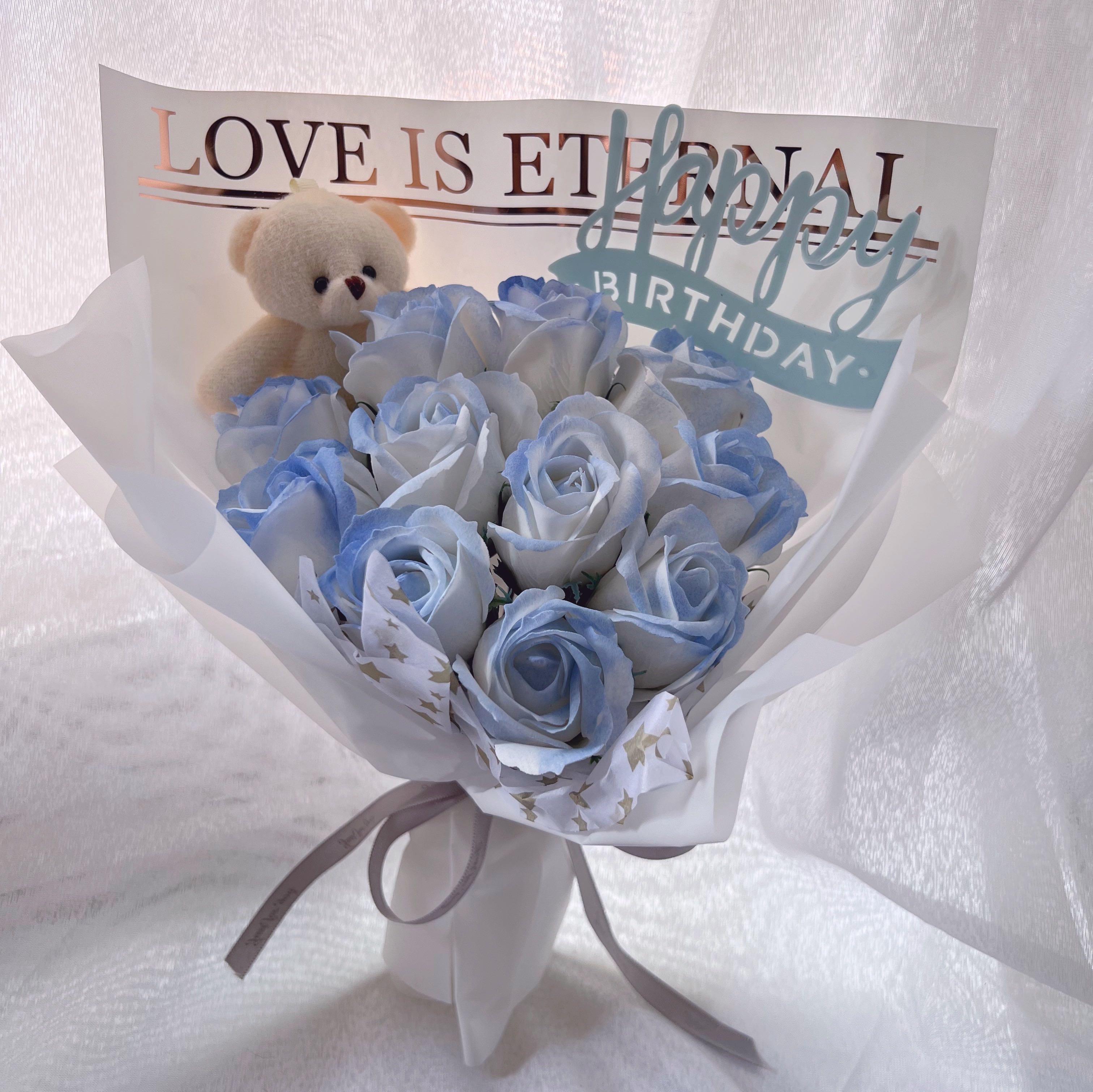 [V’DAY PREORDER] 11 Frozen Blue Roses Bouquet | anniversary bouquet ...