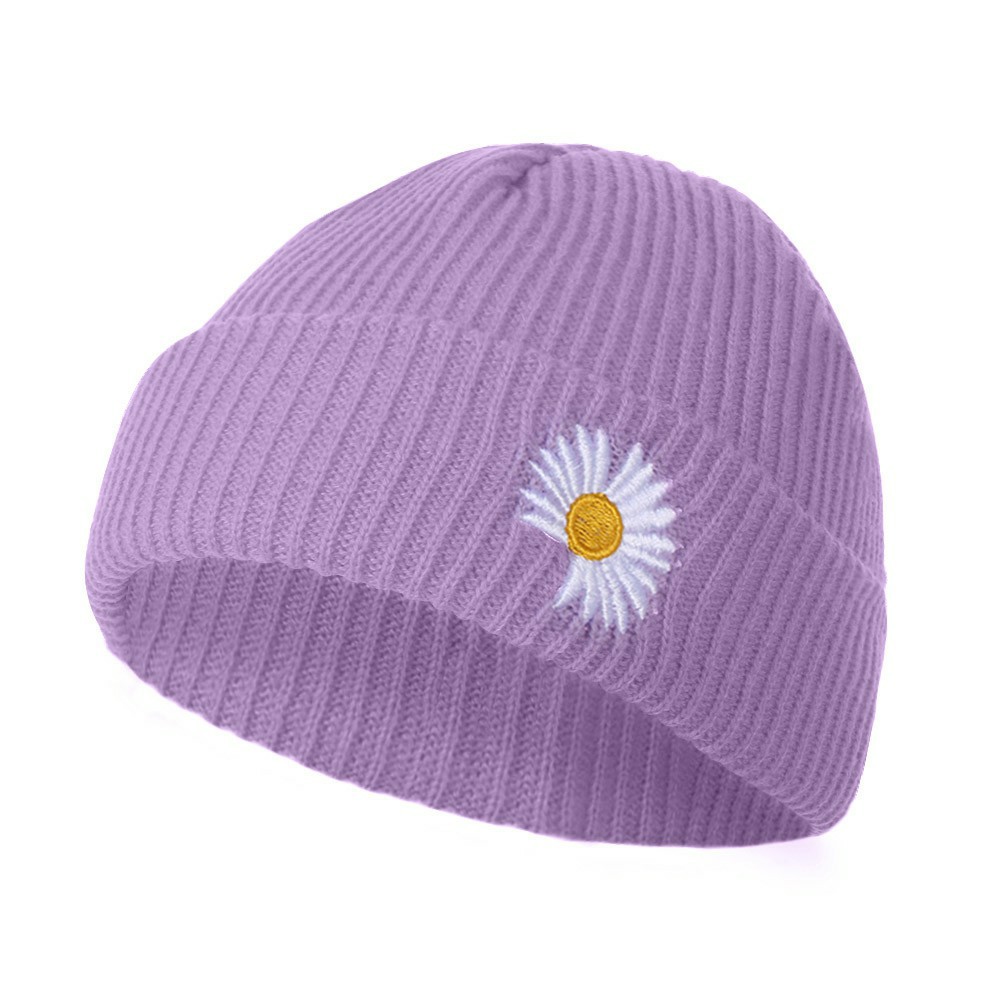 Women Hat Daisy Knitted Cap Beanie Ungu 