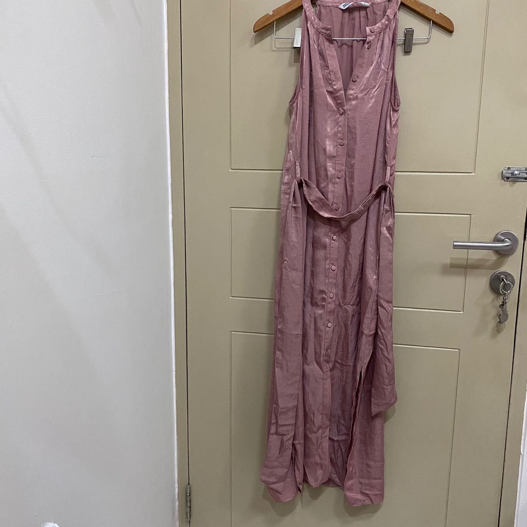 Zara midi satin dress, Fesyen Wanita 