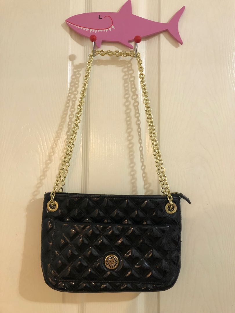 Anne Klein Black Quilted Bag Short / Long Gold Chain Handle, Luxury