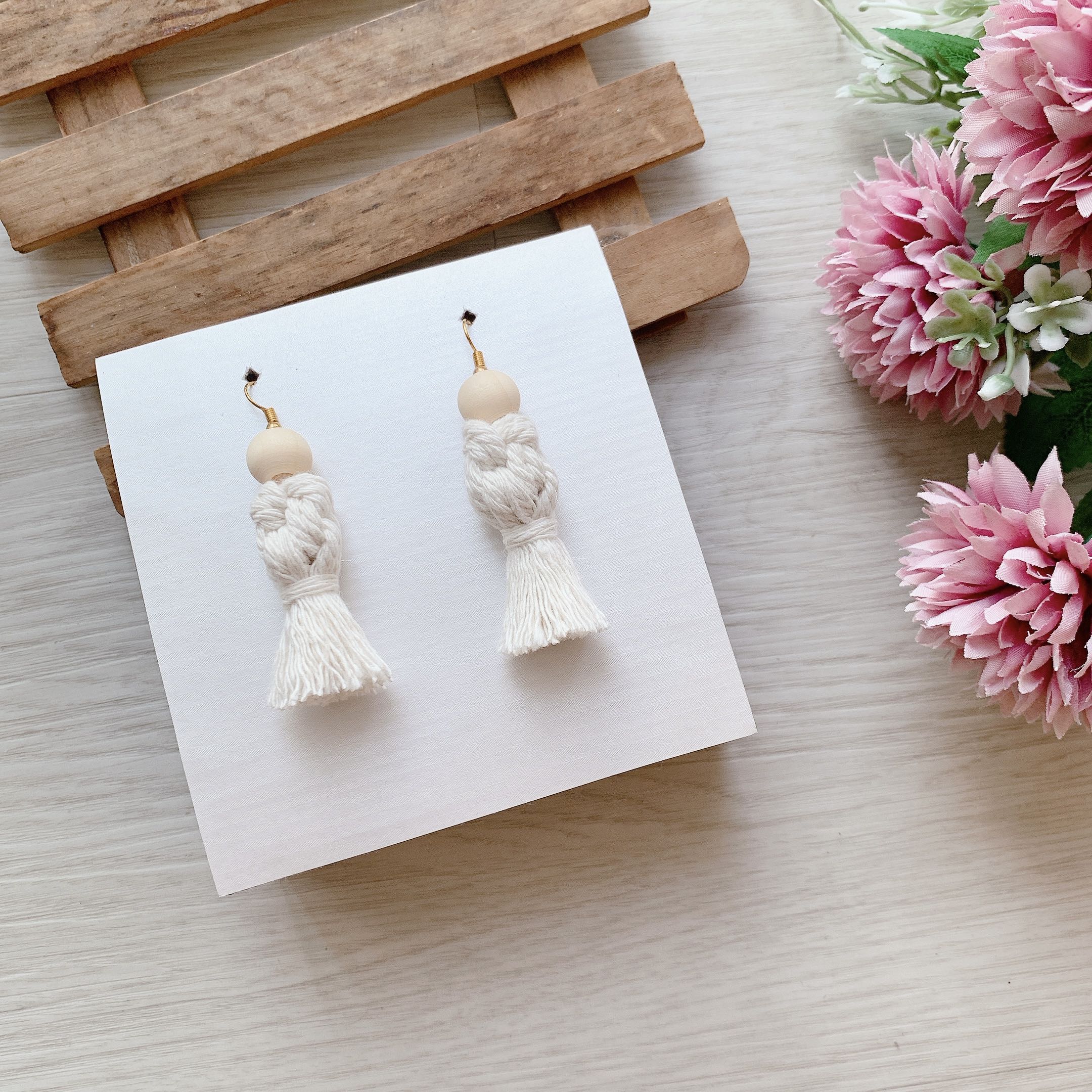 Bead Knotted Tassel Earrings in Ivory Gold Women s Fashion