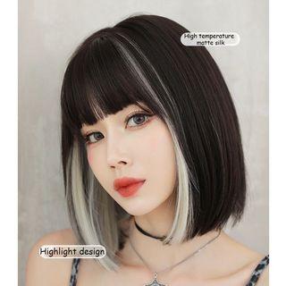 Black highlights blonde bangs wig