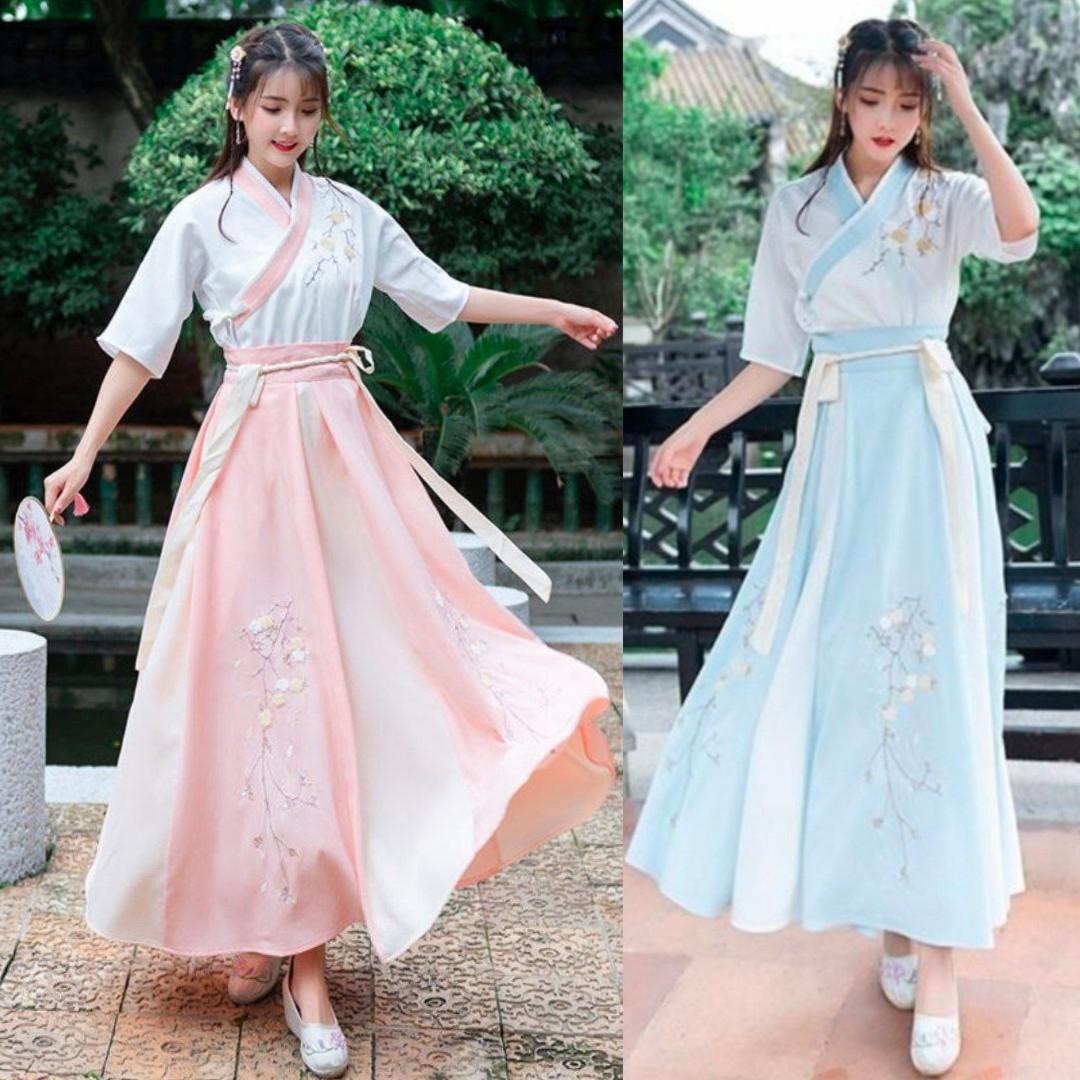 BN Traditional Hanfu Chinese Ethnic Costume 2 piece Dress Baby Pink Baby Blue Mid Sleeve Dress