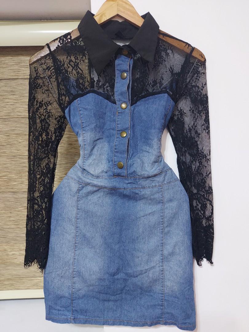 Denim/lace dress, Women's Fashion 