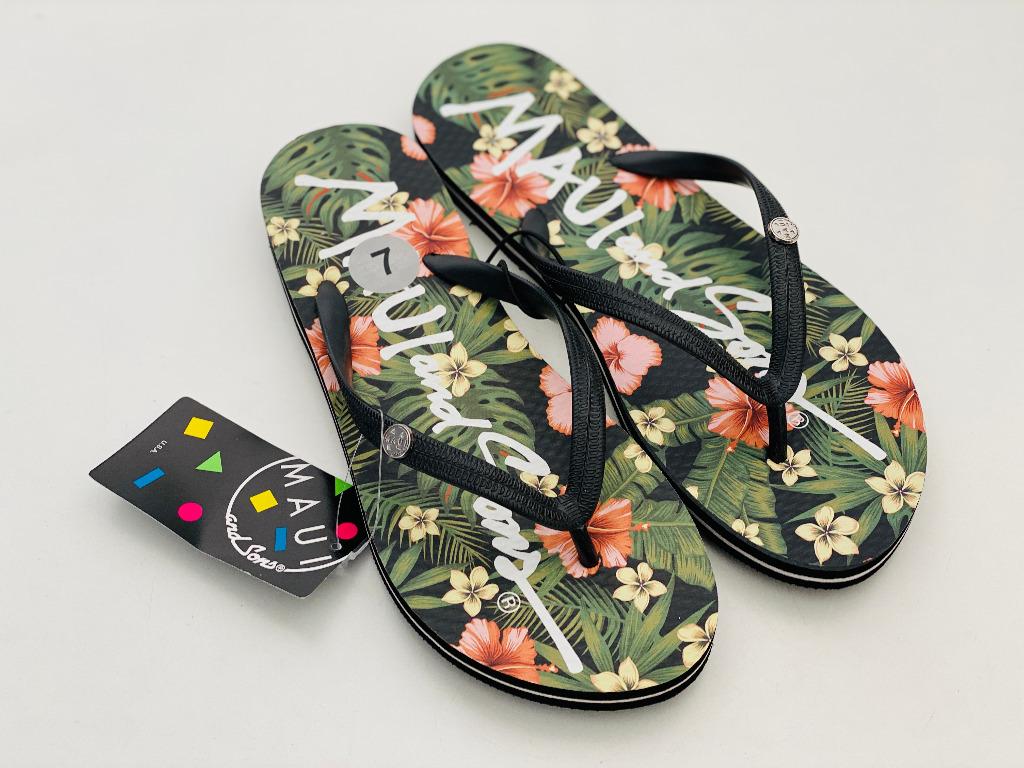 MAUI AND SONS BLACK FLORAL WOMEN S FLIP FLOPS SLIPPERS SANDALS 7 37.5 SALE