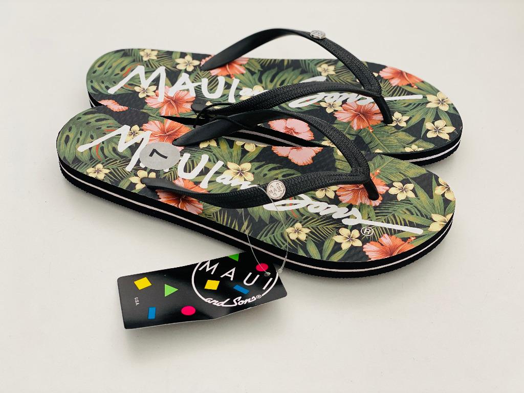 MAUI AND SONS BLACK FLORAL WOMEN S FLIP FLOPS SLIPPERS SANDALS 7