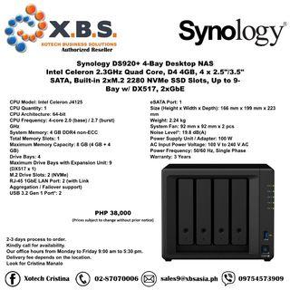 Synology DS920+ 4-Bay Desktop NAS Intel Celeron 2.3GHz Quad Core, D4 4GB, 4 x 2.5"/3.5" SATA, Built-in 2xM.2 2280 NVMe SSD Slots, Up to 9-Bay w/ DX517, 2xGbE