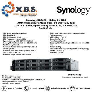 Synology RS2421+ 12-Bay 2U NAS AMD Ryzen 2.2GHz Quad-Core, D4 ECC 4GB, 12 x 2.5"/3.5" SATA, Up to 24-Bay w/ RX1217, 4 x GbE, 1 x Gen3 x8 slot