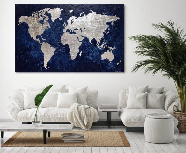 Silver World Map Wall Art World Map, Silver Leaf Painting, Large Canvas, Silver World Map Art, Office  Room, Office Decor, Gift Ideas, Acrylic Painting, Original Painting,  Furniture & Home Living, Home Decor, Wall Decor On Carousell