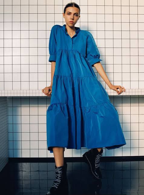 Zara tiered poplin dress blue Clearance