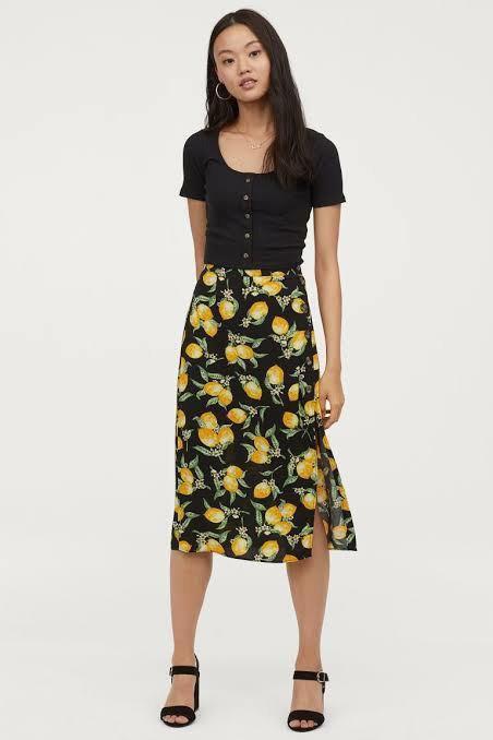 H M Lemon Print High Waisted Button Black Midi Skirt W Slit Vintage Retro Fairy Beach Cottagecore Women S Fashion Bottoms Skirts On Carousell