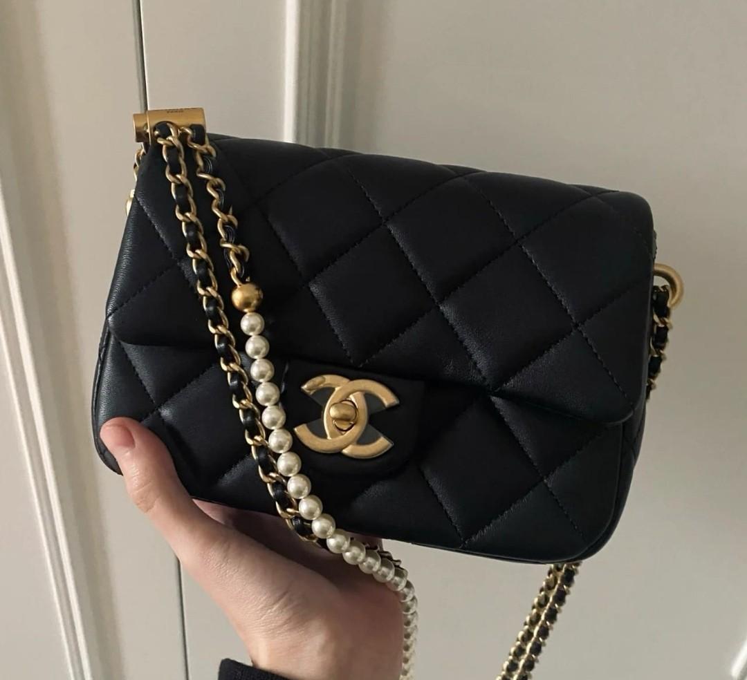 Chanel mini square flap with pearl strap, Luxury, Bags & Wallets