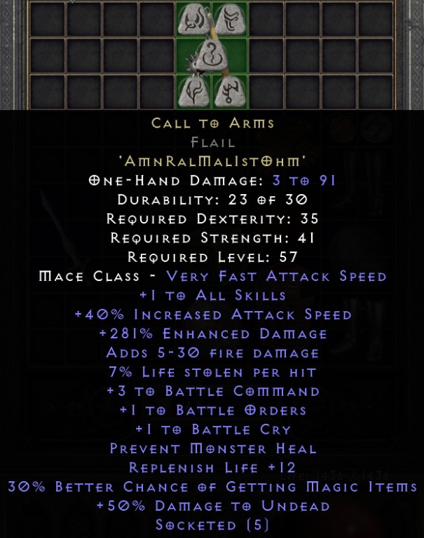 Diablo 2 Resurrected Call To Arms (Flail, 311 stats), Video Gaming, Gaming Accessories, InGame