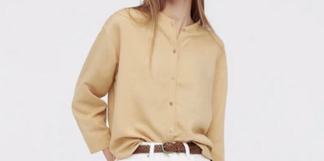 UNIQLO Womens S Yellow 3/4 Sleeves Cinched Waist Cotton Linen