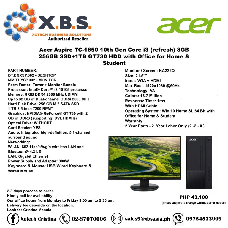 Acer Aspire TC1650 10th Gen Core i3 (refresh) 8GB 256GB SSD+1TB GT730