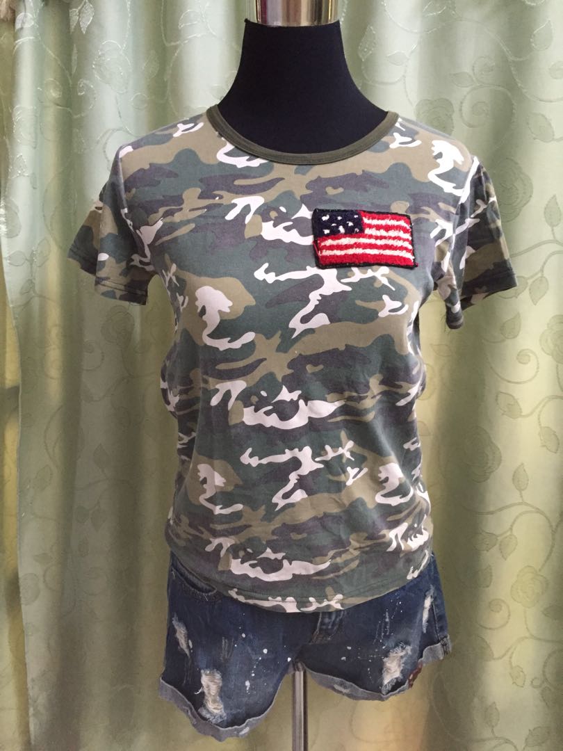 women's camo american flag shirt
