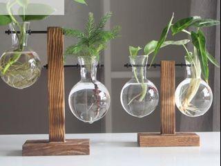 {home}Vintage Glass Plant Bonsai Flower Vase Wood Tray Flower Rack Desktop Decor