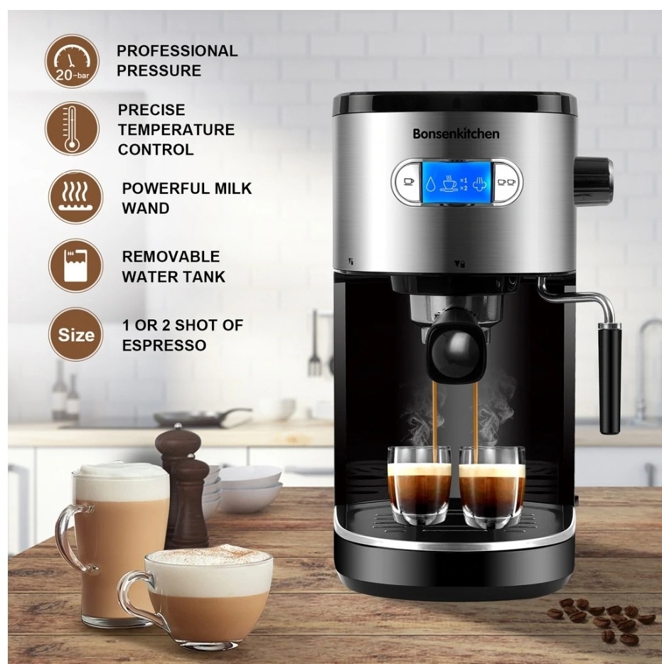  Bonsenkitchen Espresso Machine 15 Bar Expresso Coffee Maker  with Milk Frother Wand, Fast Heating Automatic Coffee Machines for Espresso,  Cappuccino Latte and Macchiato, 1350W: Home & Kitchen
